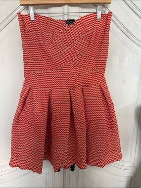 Coral Orange & Cream Strapless Fit & Flare Party Dress‎ Size Large